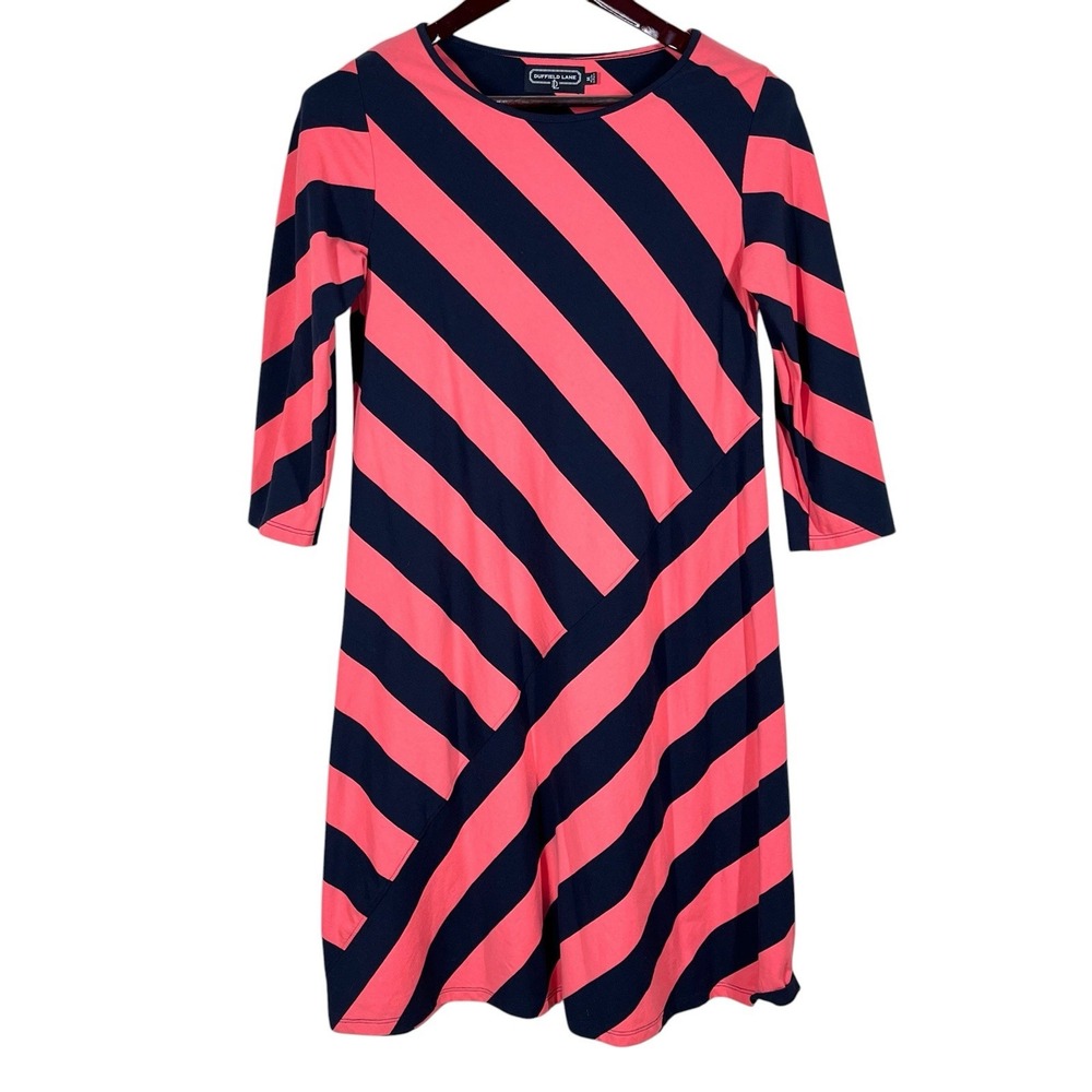 Duffield Lane Chase Dress Size M Navy & Pink Stripes A-Line Preppy Coastal